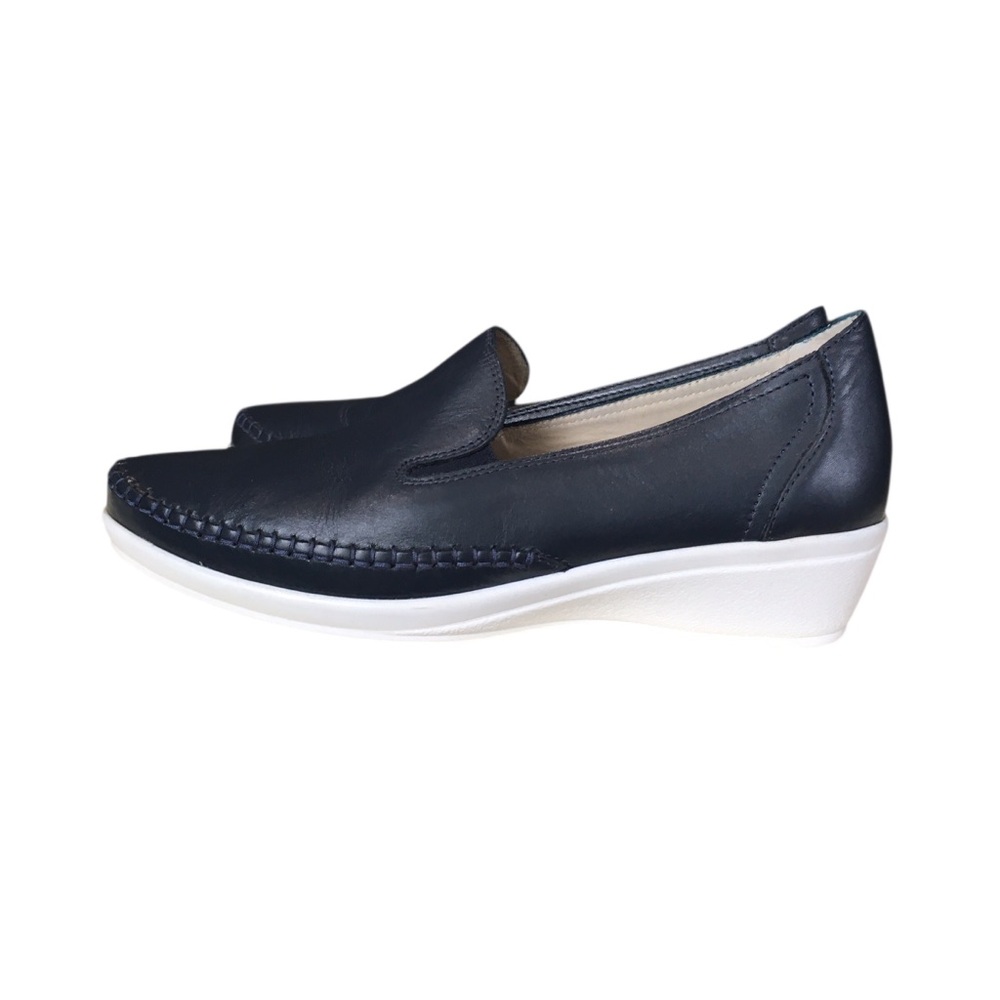 Scholl Leather Upper Lining Navy White Slip-On Loafers Wedge Shoes 39